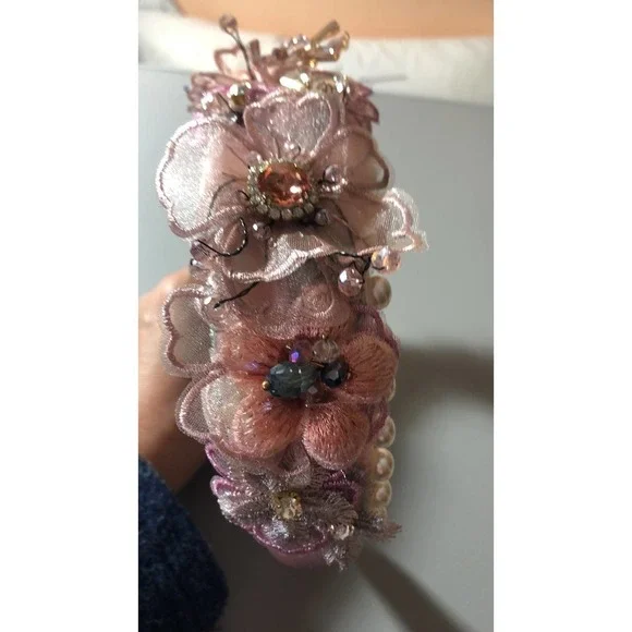 BAROQUE Style Headband Pearl Lace Petal Diamond Crystal Pink - Picture 7 of 8